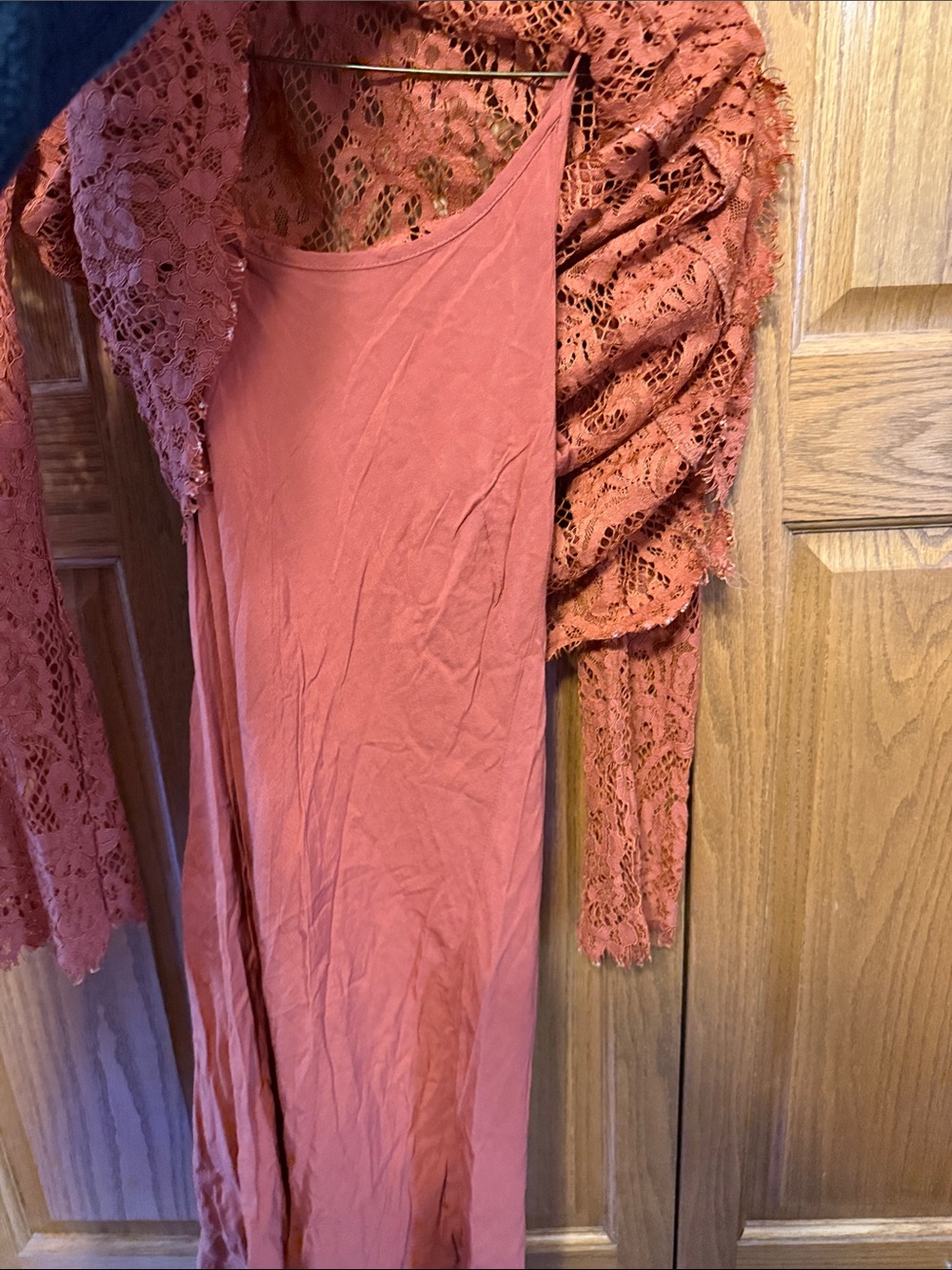 Lace Long-Sleeve Mock Neck Dress- Rust/Size: Medium - Picture 10 of 10